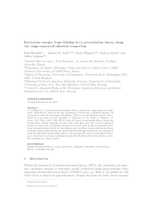 Excitation energies from Görling–Levy perturbation theory along the range-separated adiabatic connection Thumbnail