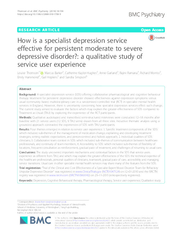 How is a specialist depression service effective for persistent moderate to severe depressive disorder?: a qualitative study of service user experience Thumbnail