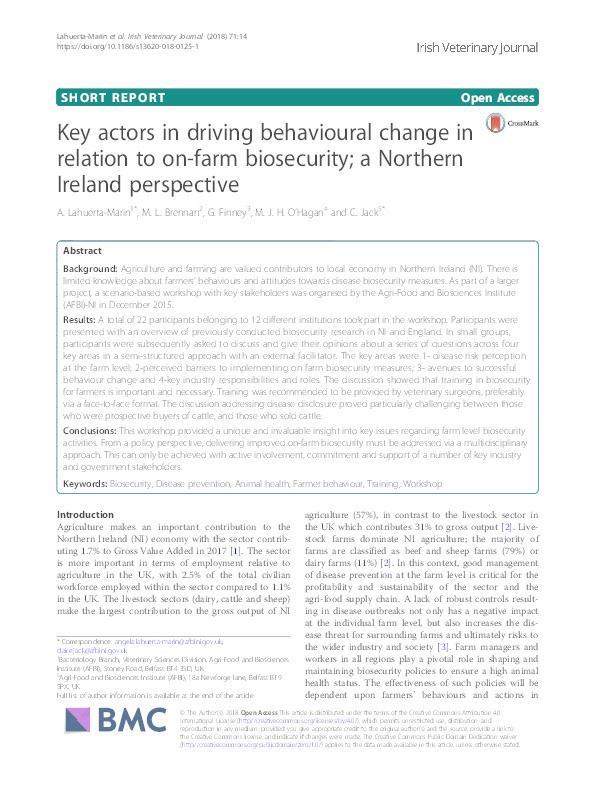 Key actors in driving behavioural change in relation to on-farm biosecurity; a Northern Ireland perspective Thumbnail