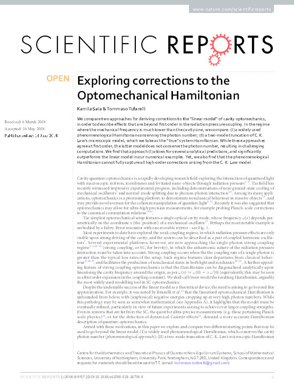 Exploring corrections to the optomechanical Hamiltonian Thumbnail