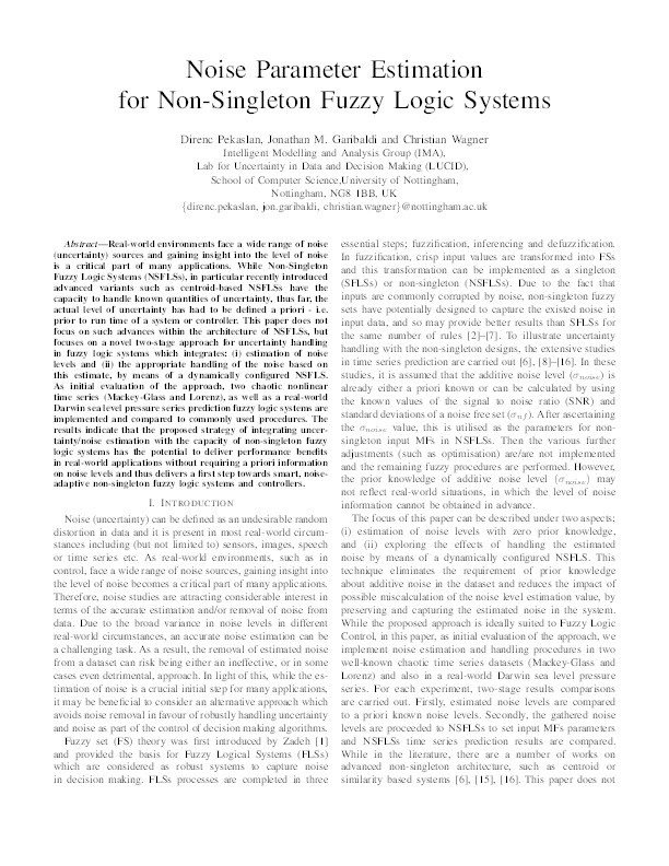 Noise Parameter Estimation for Non-Singleton Fuzzy Logic Systems Thumbnail