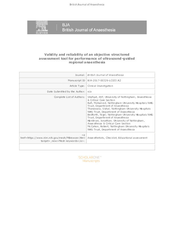 Validity and reliability of an objective structured assessment tool for performance of ultrasound-guided regional anaesthesia Thumbnail