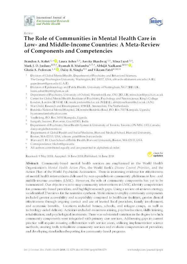 The role of communities in mental Health care in low- and middle-income countries: a meta-review of components and competencies Thumbnail