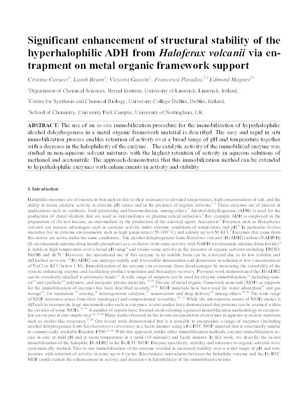 Significant enhancement of structural stability of the hyperhalophilic ADH from Haloferax volcanii via entrapment on metal organic framework support Thumbnail