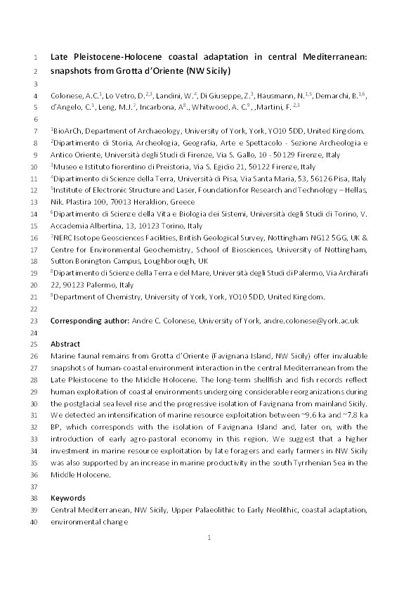 Late Pleistocene-Holocene coastal adaptation in central Mediterranean: Snapshots from Grotta d’Oriente (NW Sicily) Thumbnail