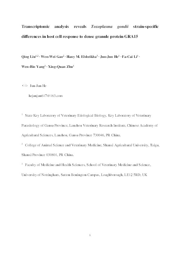 Transcriptomic analysis reveals Toxoplasma gondii strain-specific differences in host cell response to dense granule protein GRA15 Thumbnail