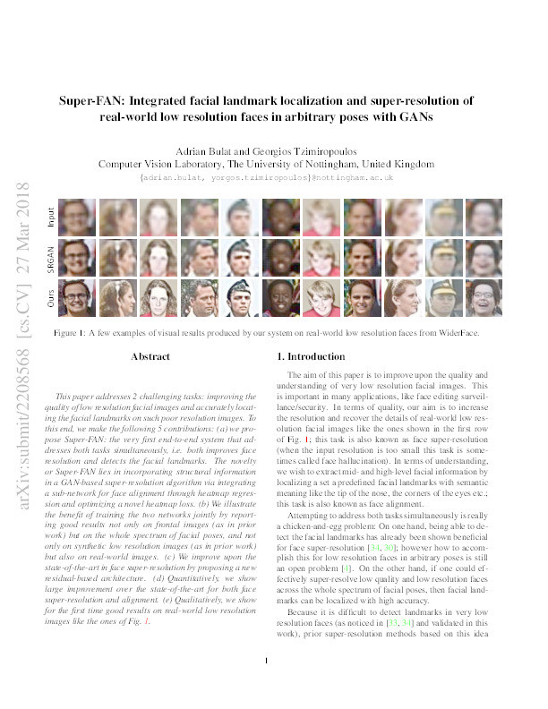 Super-FAN: integrated facial landmark localization and super-resolution of real-world low resolution faces in arbitrary poses with GANs Thumbnail