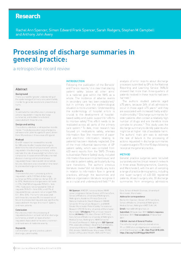Processing of discharge summaries in general practice: a retrospective record review Thumbnail
