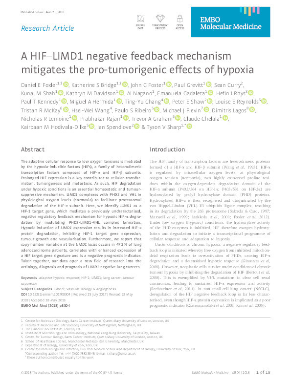 A HIF-LIMD1 negative feedback mechanism mitigates the pro-tumorigenic effects of hypoxia Thumbnail