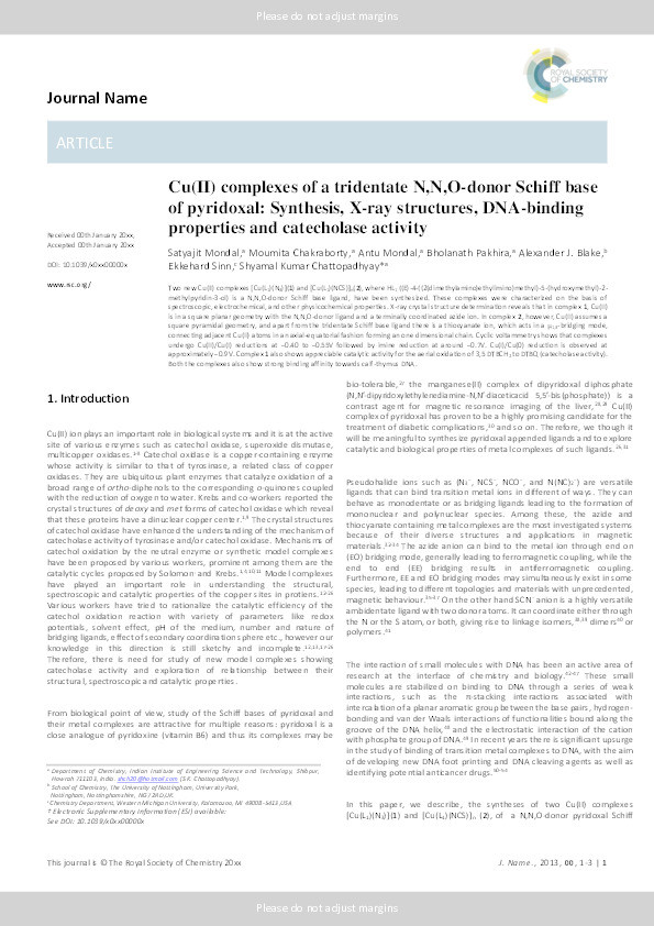 Cu(ii) complexes of a tridentate N,N,O-donor Schiff base of pyridoxal: synthesis, X-ray structures, DNA-binding properties and catecholase activity Thumbnail