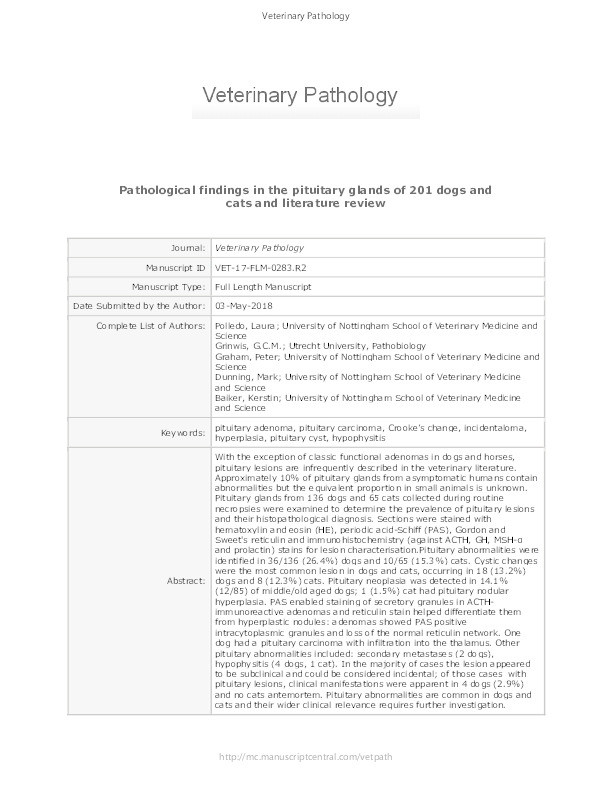 Pathological findings in the pituitary glands of 201 dogs and cats Thumbnail
