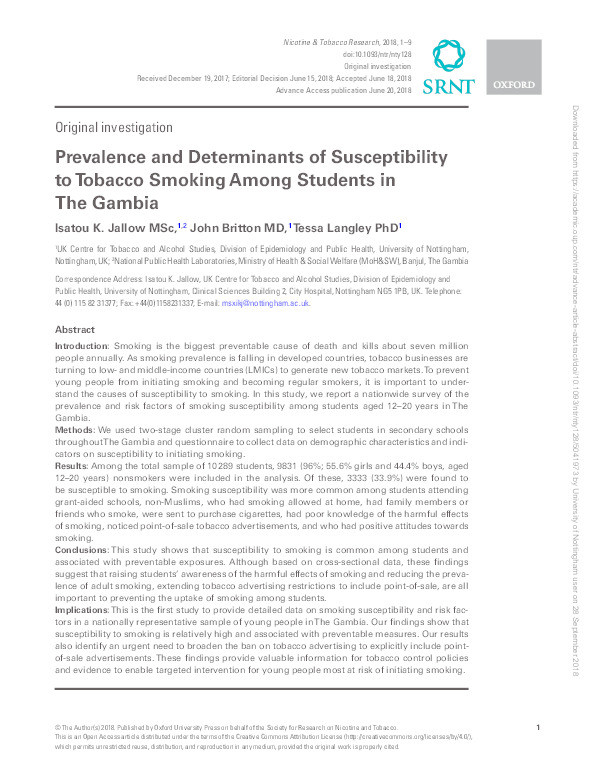 Prevalence and determinants of susceptibility to tobacco smoking among students in the Gambia Thumbnail