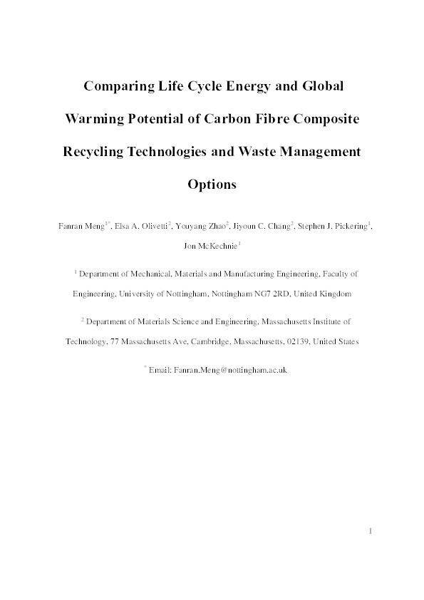 Comparing life cycle energy and global warming potential of carbon fibre composite recycling technologies and waste management options Thumbnail