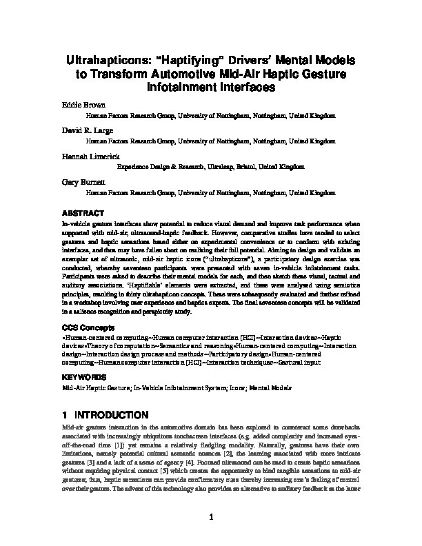 Ultrahapticons: “Haptifying” Drivers’ Mental Models to Transform Automotive Mid-Air Haptic Gesture Infotainment Interfaces Thumbnail