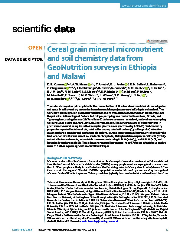 Cereal grain mineral micronutrient and soil chemistry data from GeoNutrition surveys in Ethiopia and Malawi Thumbnail