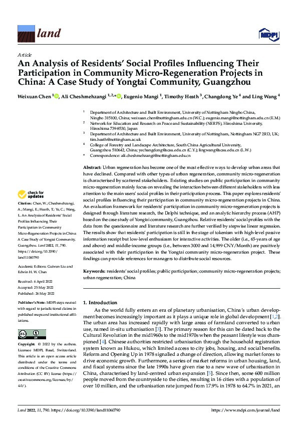 An Analysis of Residents’ Social Profiles Influencing Their Participation in Community Micro-Regeneration Projects in China: A Case Study of Yongtai Community, Guangzhou Thumbnail