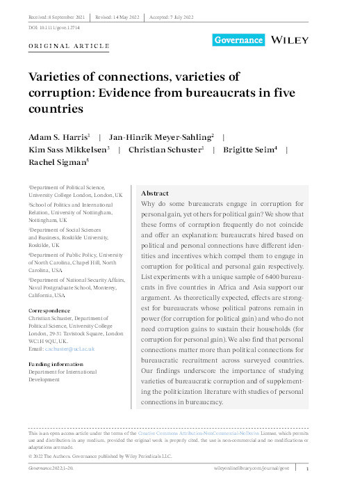 Varieties of connections, varieties of corruption: Evidence from bureaucrats in five countries Thumbnail
