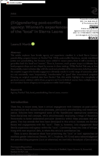 (En)gendering post-conflict agency: Women’s experiences of the ‘local’ in Sierra Leone Thumbnail