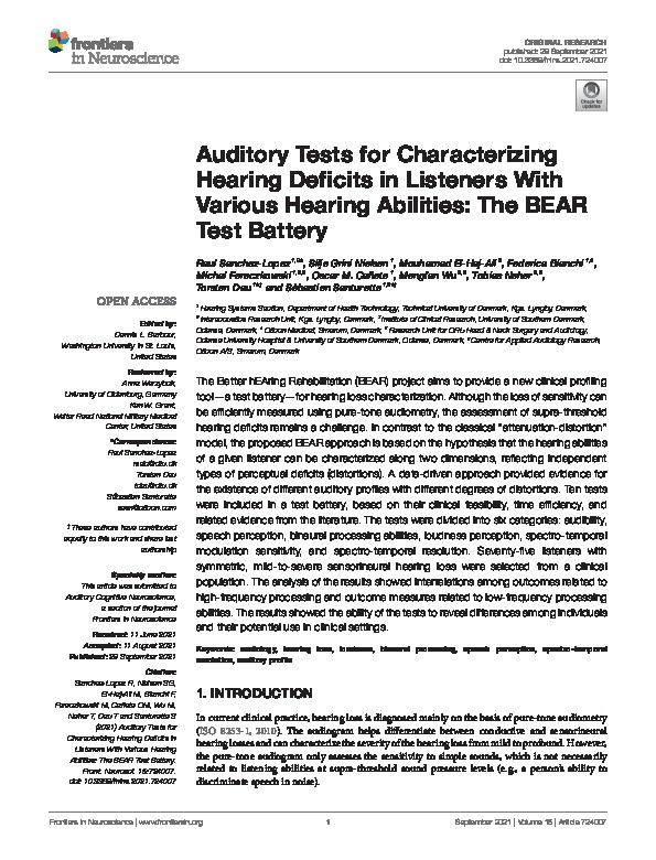Auditory Tests for Characterizing Hearing Deficits in Listeners With Various Hearing Abilities: The BEAR Test Battery Thumbnail