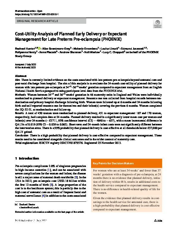 Cost-Utility Analysis of Planned Early Delivery or Expectant Management for Late Preterm Pre-eclampsia (PHOENIX) Thumbnail