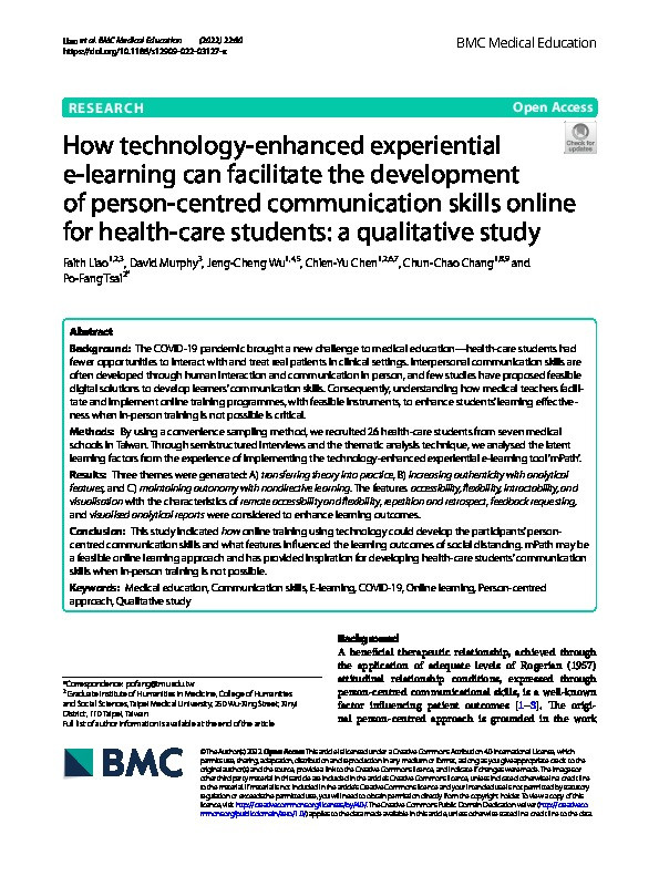 How technology-enhanced experiential e-learning can facilitate the development of person-centred communication skills online for health-care students: a qualitative study Thumbnail