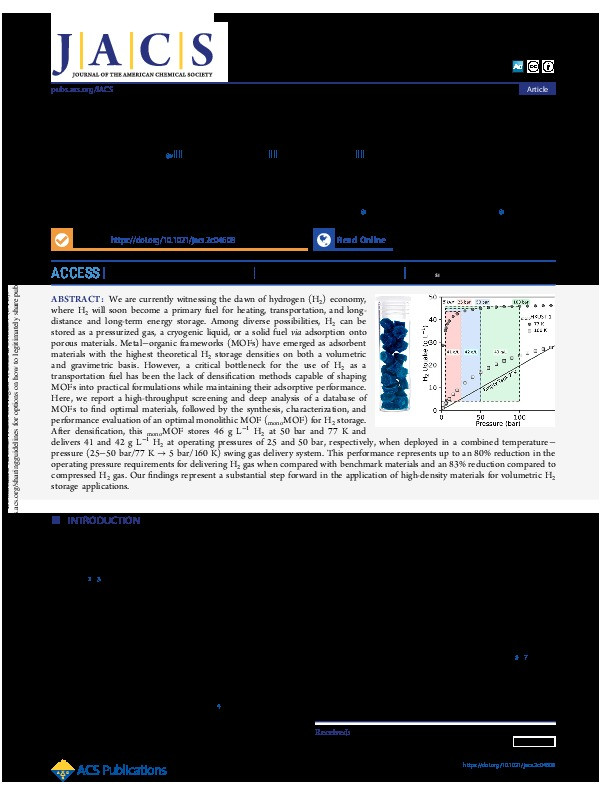 Densified HKUST-1 Monoliths as a Route to High Volumetric and Gravimetric Hydrogen Storage Capacity Thumbnail