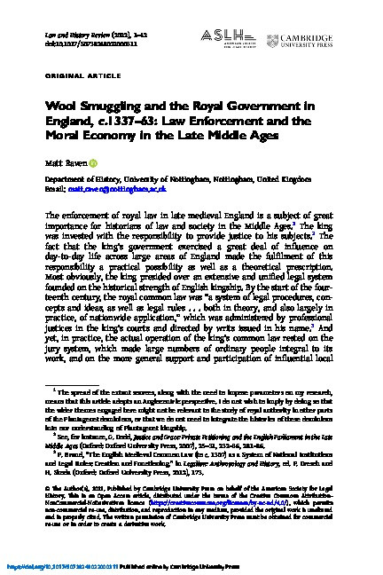 Wool Smuggling and the Royal Government in England, c.1337-63: Law Enforcement and the Moral Economy in the Late Middle Ages Thumbnail