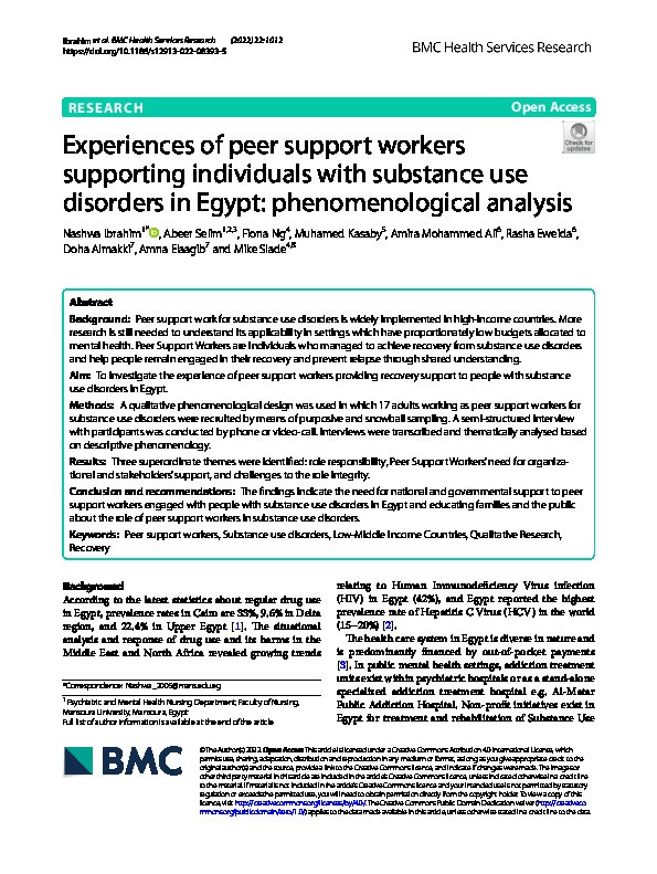 Experiences of peer support workers supporting individuals with substance use disorders in Egypt: phenomenological analysis Thumbnail