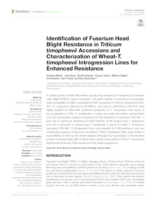 Identification of Fusarium Head Blight Resistance in Triticum timopheevii Accessions and Characterization of Wheat-T. timopheevii Introgression Lines for Enhanced Resistance Thumbnail