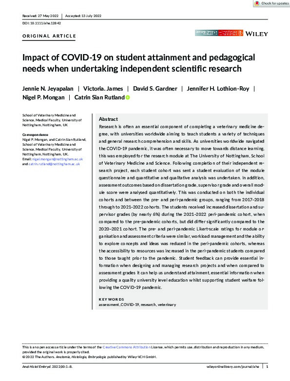 Impact of COVID-19 on student attainment and pedagogical needs when undertaking independent scientific research Thumbnail