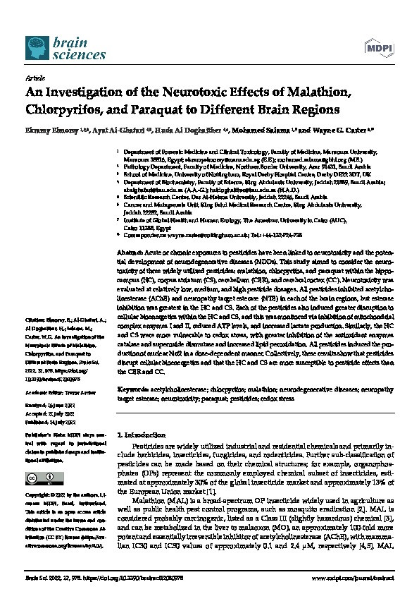 An Investigation of the Neurotoxic Effects of Malathion, Chlorpyrifos, and Paraquat to Different Brain Regions Thumbnail