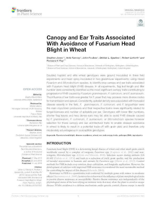 Canopy and ear traits associated with avoidance of Fusarium head blight in wheat Thumbnail