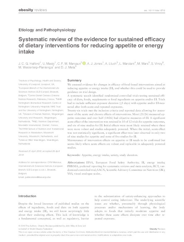 Systematic review of the evidence for sustained efficacy of dietary interventions for reducing appetite or energy intake Thumbnail