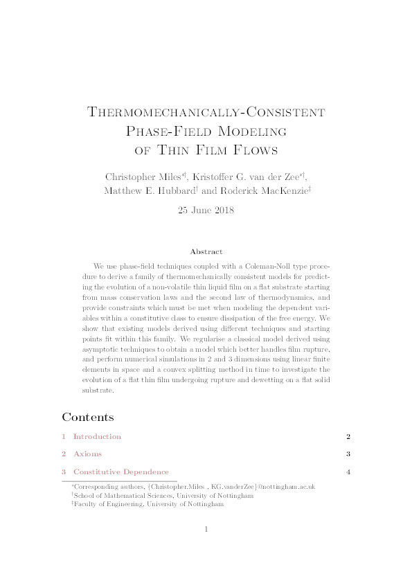 Thermomechanically-Consistent Phase-Field Modeling of Thin Film Flows Thumbnail