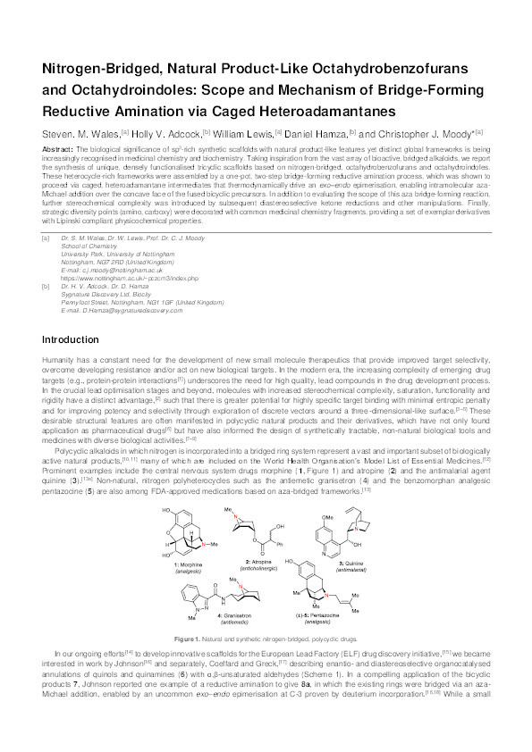 Nitrogen-bridged, natural product-like octahydrobenzofurans and octahydroindoles: scope and mechanism of bridge-forming reductive amination via caged heteroadamantanes Thumbnail