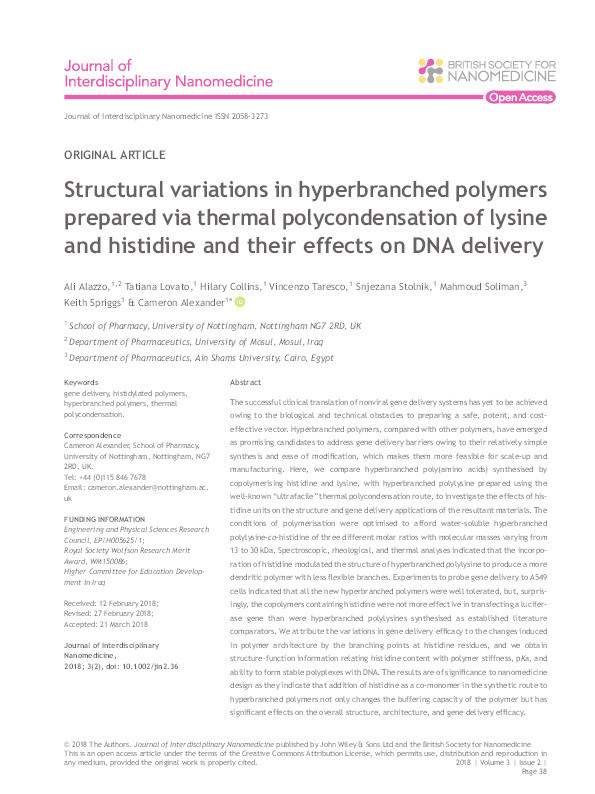 Structural variations in hyperbranched polymers prepared via thermal polycondensation of lysine and histidine and their effects on DNA delivery Thumbnail