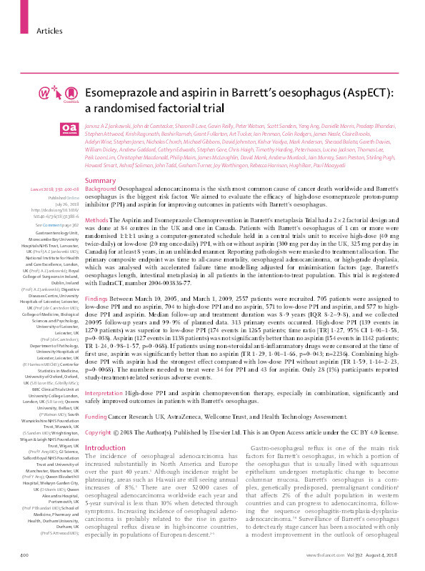 Esomeprazole and aspirin in Barrett's oesophagus (AspECT): a randomised factorial trial Thumbnail