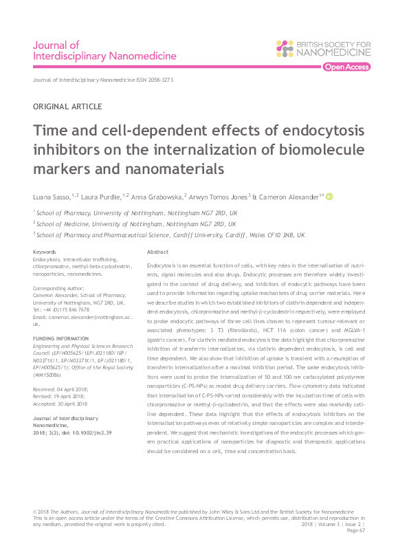 Time and cell-dependent effects of endocytosis inhibitors on the internalization of biomolecule markers and nanomaterials Thumbnail