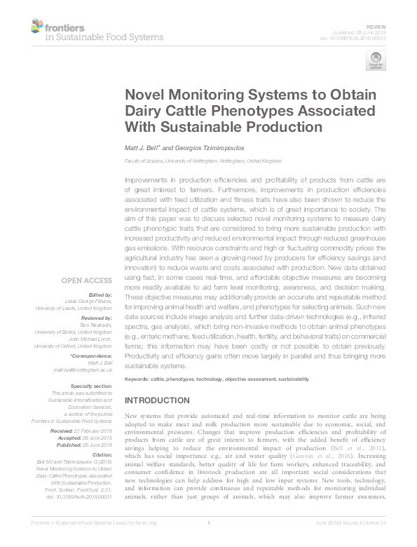 Novel monitoring systems to obtain dairy cattle phenotypes associated with sustainable production Thumbnail