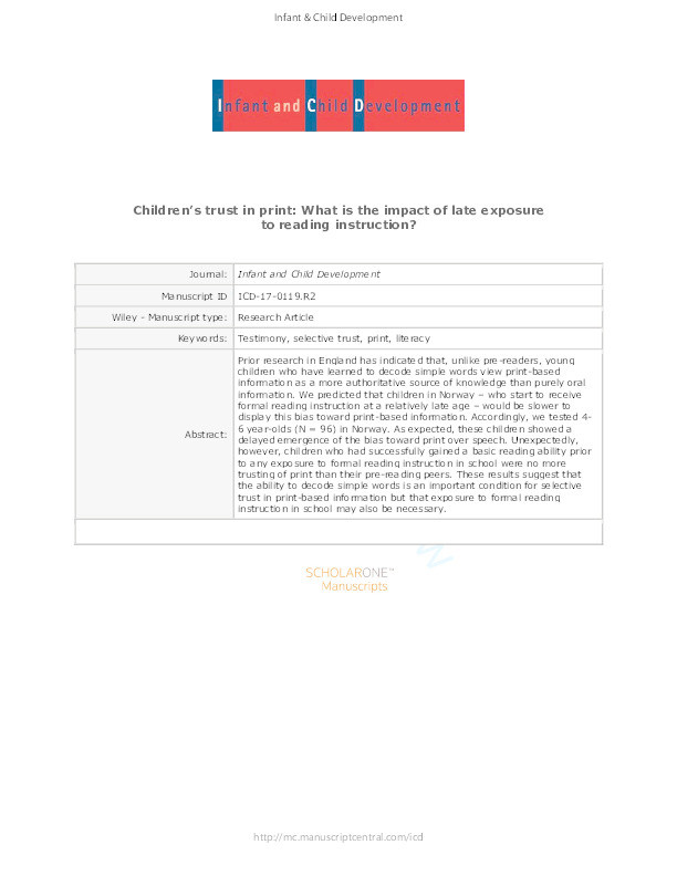 Children’s trust in print: what is the impact of late exposure to reading instruction? Thumbnail