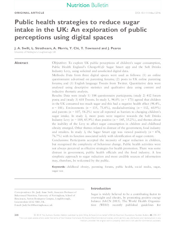 Public health strategies to reduce sugar intake in the UK: An exploration of public perceptions using digital spaces Thumbnail