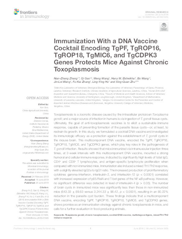 Immunization with a DNA vaccine cocktail encoding TgPF, TgROP16, TgROP18, TgMIC6, and TgCDPK3 genes protects mice against chronic toxoplasmosis Thumbnail