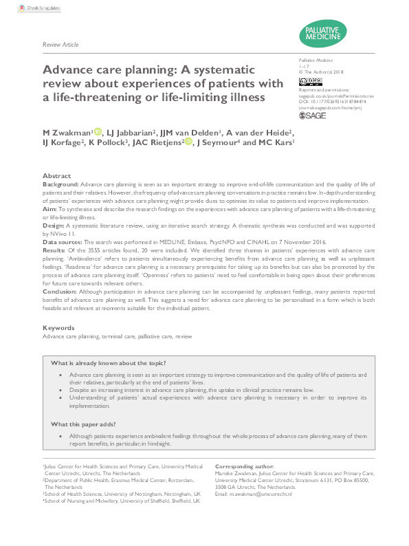 Advance care planning: a systematic review about experiences of patients with a life-threatening or life-limiting illness Thumbnail