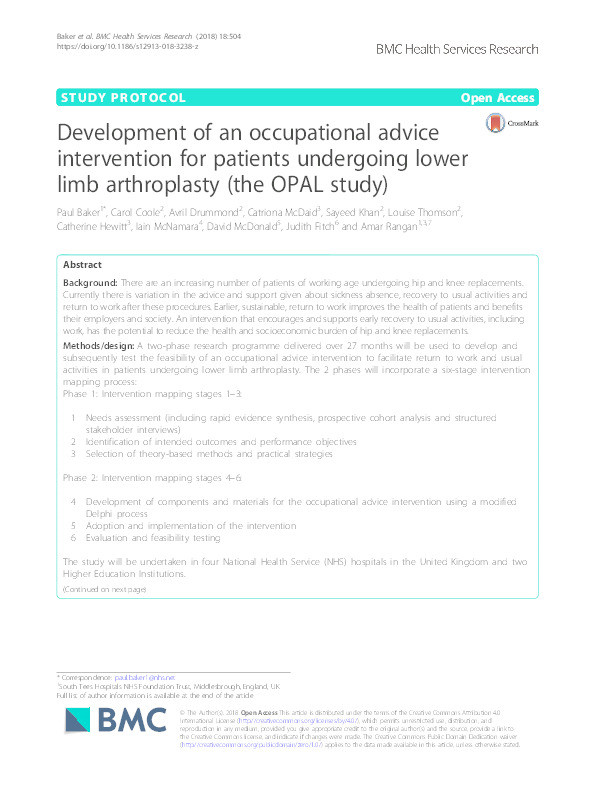 Development of an occupational advice intervention for patients undergoing lower limb arthroplasty (the OPAL study) Thumbnail