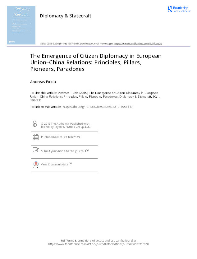 The emergence of citizen diplomacy in EU-China relations:principles, pillars, pioneers, paradoxes Thumbnail
