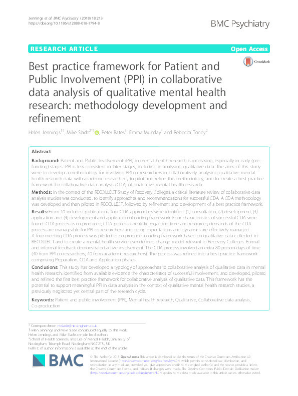 Best practice framework for Patient and Public Involvement (PPI) in collaborative data analysis of qualitative mental health research: methodology development and refinement Thumbnail