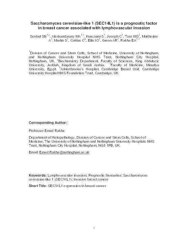 Saccharomyces cerevisiae-like 1 (SEC14L1) is a prognostic factor in breast cancer associated with lymphovascular invasion Thumbnail