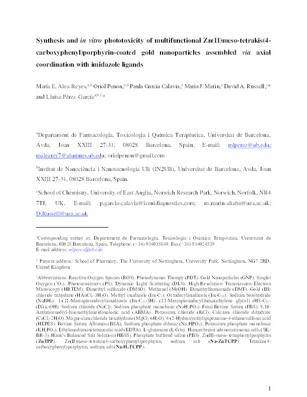 Synthesis and in vitro phototoxicity of multifunctional Zn(II)meso-tetrakis(4-carboxyphenyl)porphyrin-coated gold nanoparticles assembled via axial coordination with imidazole ligands Thumbnail