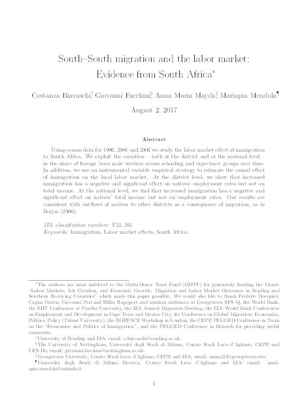 South-South migration and the labor market: evidence from South Africa Thumbnail