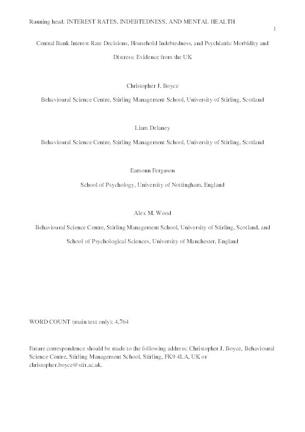 Central Bank interest rate decisions, household indebtedness, and psychiatric morbidity and distress: evidence from the UK Thumbnail